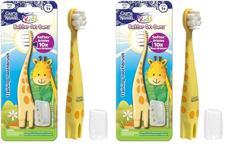 GuruNanda Kids Butter On Gums Cute Giraffe Toothbrush with Tongue Scraper & Cover - Super Soft Bristles for Gentle Cleaning -Ergonomic Handle (Age 1+) (Pack of 2)