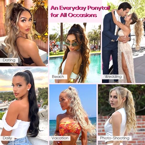 REECHO Ponytail Extension, 24" Claw Clip in Long Curly Wavy Ponytail Hair Extension Jaw Clip on Pony Tails Hairpiece for Women - Light Brown with Highlights