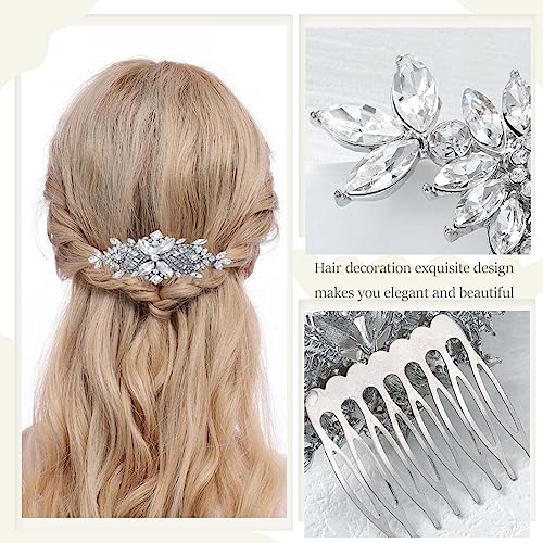 Foyte Crystal Bride Wedding Hair Comb Silver Flower Bridal Headpieces Leaf Hair Pieces Rhinestone Bridesmaid Side Combs Hair Accessories for Women (silver crystal)
