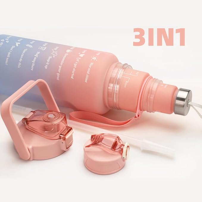 3in1 Motivational Water Bottle with Time Marker, 64oz 32oz 16oz Bottle with Straw, Outdoor,Travel,BPA pink