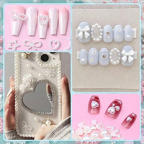 600Pcs 3D Multi Shapes Nail Charms and Flatback Pearls, Light Pink&White Mix Styles Heart Star Bow Sunflower Embellishments for Nail Art, Craft and Decoration with Tweezer and Pickup Pencil