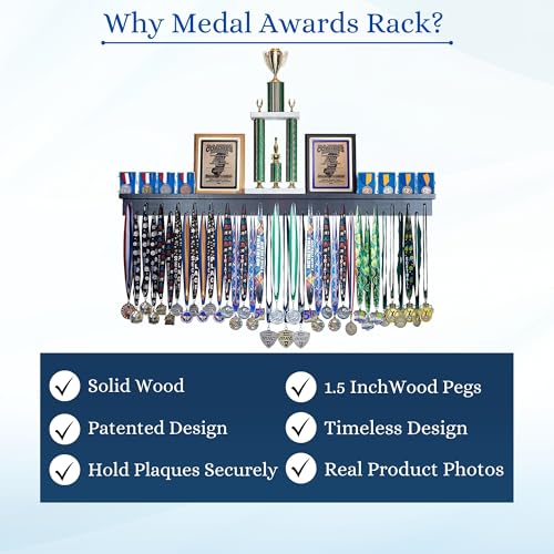 46.5"- Medal Awards Rack- The Largest Trophy Shelf and Medal Hanger Display - Multi-Sport Trophy and Medal Holder for Medal Display, Plaques, Pictures, Trophies, and More Solid Wood