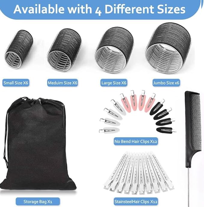 50Piece Hair Rollers set,Self Grip Hair Curlers for Long Medium Short Hair,(6 Jumbo + 6 Large + 6 Medium + 6 Small Hair Rollers + 1 Storage Bag) and 24Pcs Hair Clips /4-sizes 60 45 36 25mm