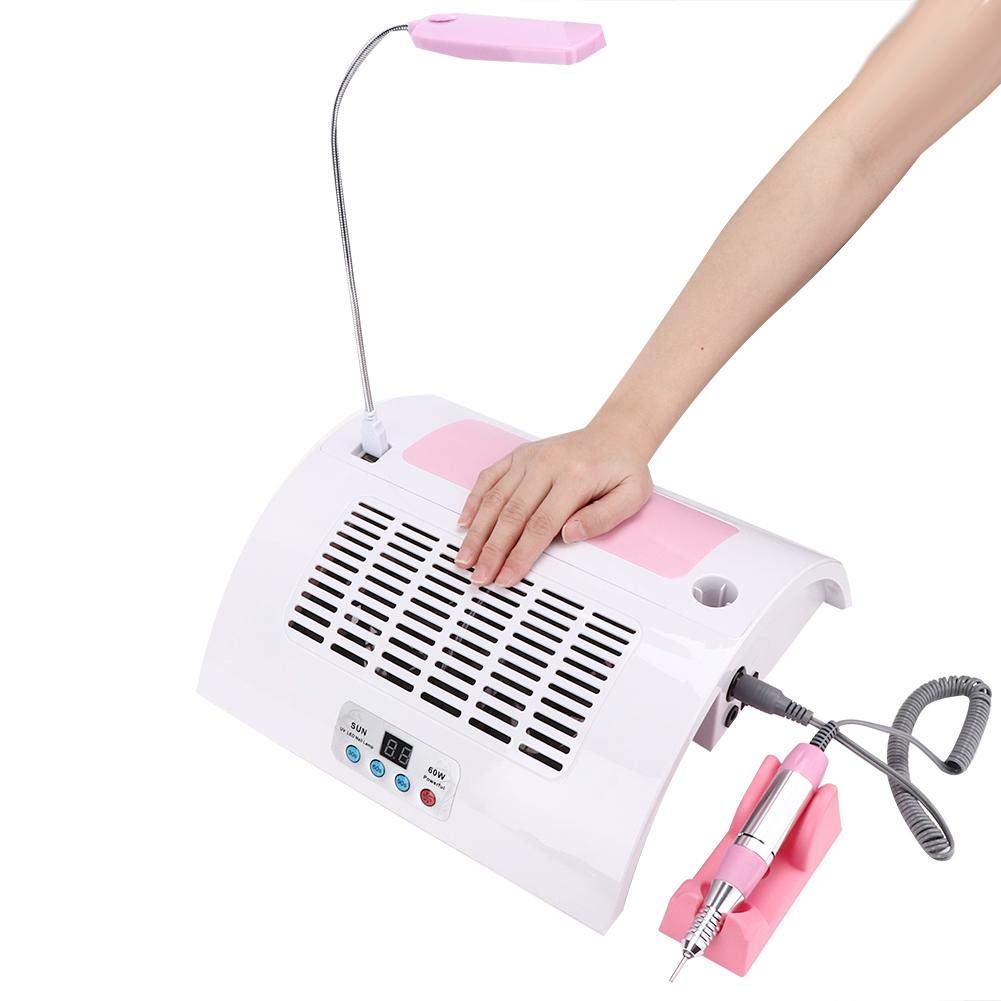 5 in 1 Nail Dust Collector with Drill, 60W Multi Functional Nail Grinding Machine Nail Dust Cleaner Manicure Light Hand Rest Pillow for Salon Home Manicure Pedicure(US)