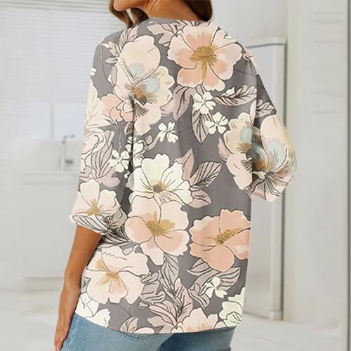 3/4 Sleeve Tops for Women 2024 Summer Shirts V Neck Floral Tshirts Button Peasant Blouses Loose Graphic Tees T-Shirts, Tshirts Shirts for Women Trendy, Plus Size Tops for Women