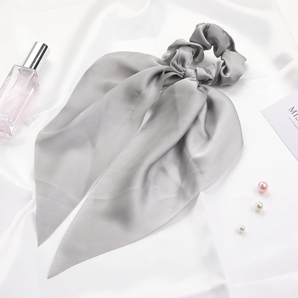 3PCS Hair Scarf Scruncheis for Women Knotted Bow Hair Ties Elastic Bands Satin Hair Ribbon Scrunchy Red Ponytail Holder for Women and Girls (Black White Gray)