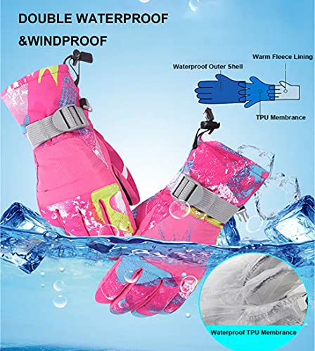 7-Mi Winter Ski Gloves,Children's Touchscreen Snow Mittens Snowboard Waterproof Lined Long Cuff Leather Kids Gloves for Boys & Girls Sports Outdoor Play