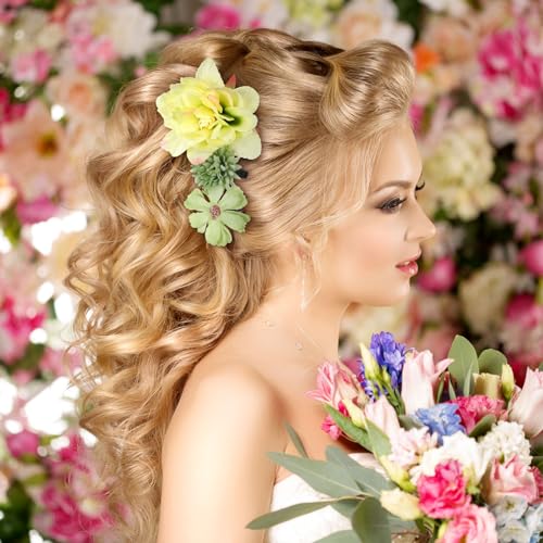 BBTO 21 Pcs Flower Hair Clip Rose Hair Clips Barrettes for Women Flower Accessories Boho Bride Claw Clip Hairpin Brooch Pin Headpiece for Wedding(Yellow, Green)