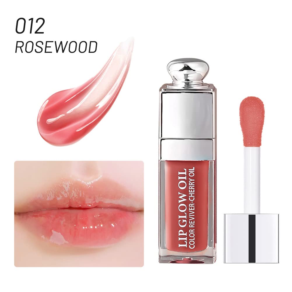 2PCS Hydrating Lip Glow Oil, Lip Oil Gloss Transparent Toot Tinted Nourishing Long Lasting Repairing Lightening Lip Lines (ROSEWOOD) 0.2 OZ