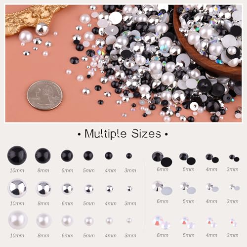 9000PCS Flatback Pearls and Rhinestones for Crafting, Red White Black Mixed Size 3-10mm Resin Rhinestones and Half Pearls for Bedazzling, Nail Art and Decoration with Tweezer and Pickup Pencil
