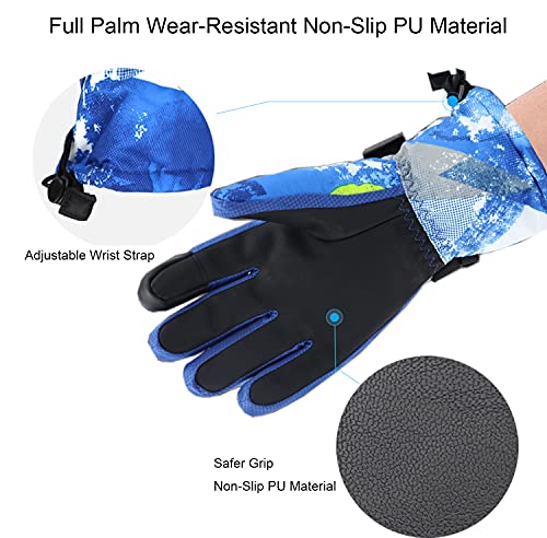 7-Mi Winter Ski Gloves,Children's Touchscreen Snow Mittens Snowboard Waterproof Lined Long Cuff Leather Kids Gloves for Boys & Girls Sports Outdoor Play
