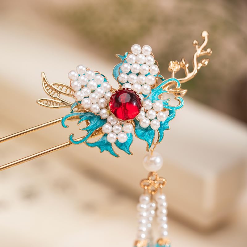Rabithenn Burning Blue Branches with Butterfly and Pearl Tassels Chinese Hanfu Hair Clip Hair Accessories for Women Girls Long Hair (Burning Blue Branches)