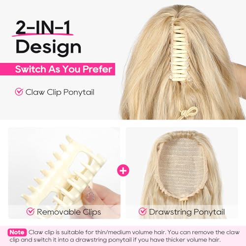 REECHO Ponytail Extension, 24" Claw Clip in Long Curly Wavy Ponytail Hair Extension Jaw Clip on Pony Tails Hairpiece for Women - Light Brown with Highlights