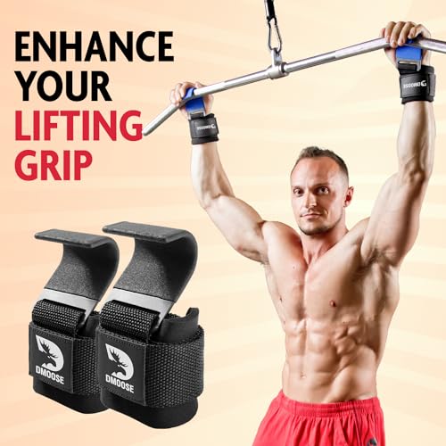 DMoose Fitness Weight Lifting Hooks for Men & Women (Pair) - 8 mm Thick Wrist Padding - Weight Lifting Grips for Powerlifting, Shrugs, Rows & Deadlift Support - Gym Lifting Straps with Pull Up Hooks