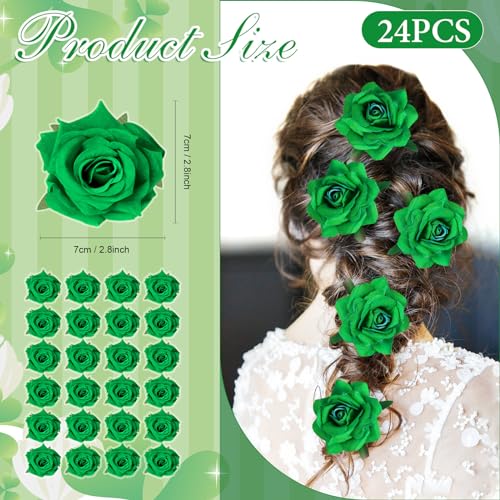 24 Pcs Flower Hair Clip Flower Hairpin Rose Brooch Floral Clips 2.8" Flowers Hair Clips Headpieces Hair Accessories for Woman Bridal Bridesmaid Wedding Valentines Day St Patricks Day(Green)