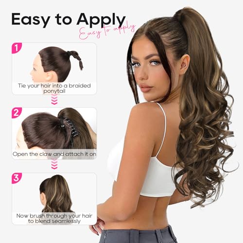 REECHO Ponytail Extension, 24" Claw Clip in Long Curly Wavy Ponytail Hair Extension Jaw Clip on Pony Tails Hairpiece for Women - Light Brown with Highlights