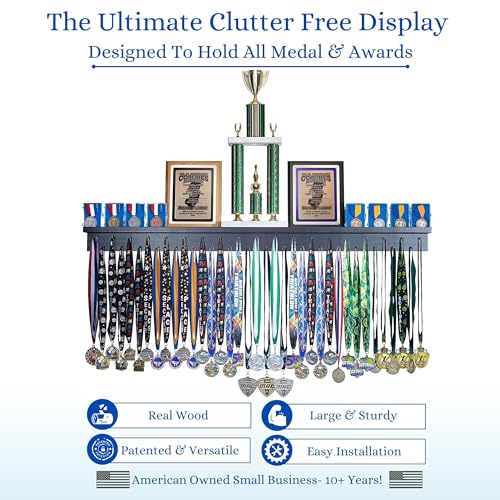 46.5"- Medal Awards Rack- The Largest Trophy Shelf and Medal Hanger Display - Multi-Sport Trophy and Medal Holder for Medal Display, Plaques, Pictures, Trophies, and More Solid Wood