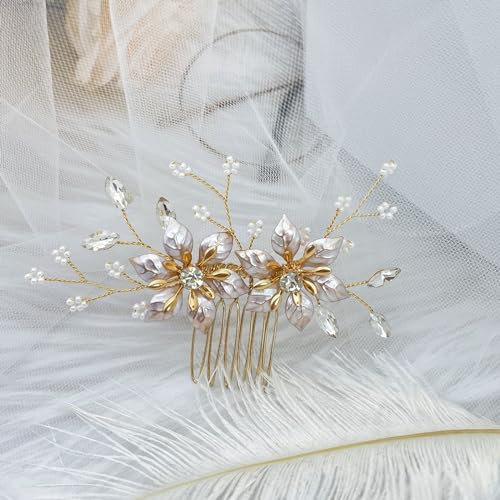 MirthCity Handmade Bride Wedding Hair Comb Flower Girls Bridal Hair Accessories Crystal Leaf Bead Bridal Hair Comb for Women and Girls