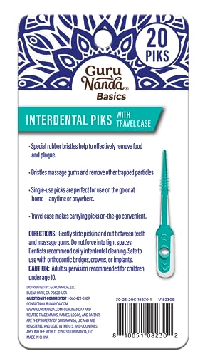 GuruNanda Interdental Picks with Travel Case - Floss Tooth Pick for Teeth Cleaning - Flexible Rubber Bristles - 20 Picks (Pack of 2)