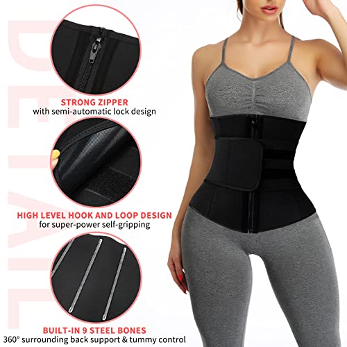 KIWI RATA Neoprene Sauna Waist Trainer Corset Sweat Belt with 2 Straps for Women Double Compression Workout Cincher Back Support Fajas,#2 Zipper Black,Small