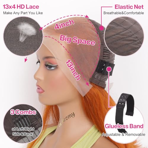 HIRIREMY Ginger Bob Lace Front Wigs Human Hair for Black Women 13x4 HD Lace Frontal Straight Bob Orange Ginger Wig Lace Front Human Hair Pre Plucked Hairline with Baby Hair Brazilian #350 12 Inch