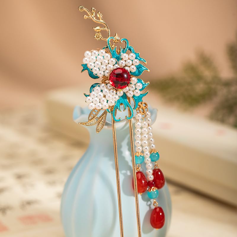 Rabithenn Burning Blue Branches with Butterfly and Pearl Tassels Chinese Hanfu Hair Clip Hair Accessories for Women Girls Long Hair (Burning Blue Branches)