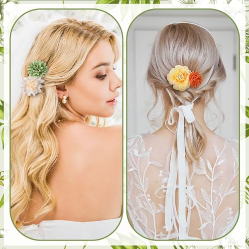 BBTO 21 Pcs Flower Hair Clip Rose Hair Clips Barrettes for Women Flower Accessories Boho Bride Claw Clip Hairpin Brooch Pin Headpiece for Wedding(Yellow, Green)