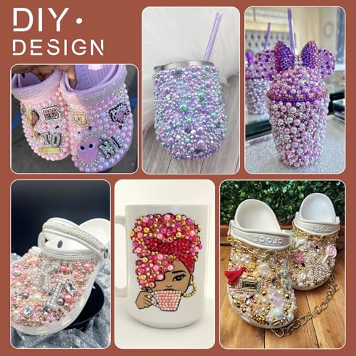 9000PCS Flatback Pearls and Rhinestones for Crafting, Red White Black Mixed Size 3-10mm Resin Rhinestones and Half Pearls for Bedazzling, Nail Art and Decoration with Tweezer and Pickup Pencil