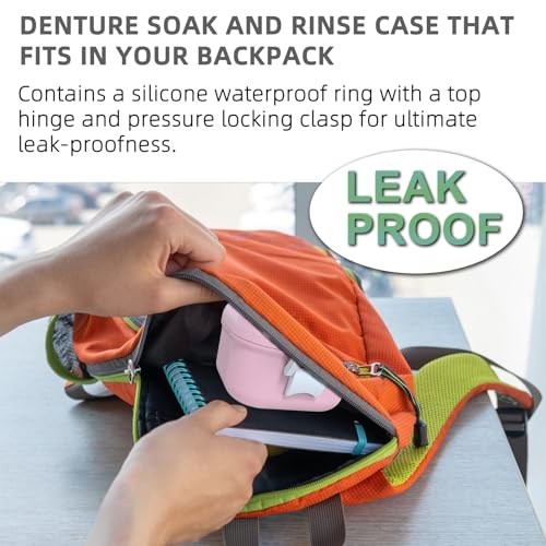ARGOMAX Leak Proof Denture Bath Cup, Portable Soaking Denture Box, Denture Bath Case with Strainer, for Dentures and Braces, Upgraded Version with Storage Compartment (Pink + White).