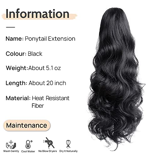 StrRid Pony Tail Extensions Wavy Claw Clip Ponytail Extension 20" Long Fake Ponytails Synthetic Fluffy Heat Resistant Clips in Hair Pieces for Black Women Party Daily Use 6 Oz Natural Black