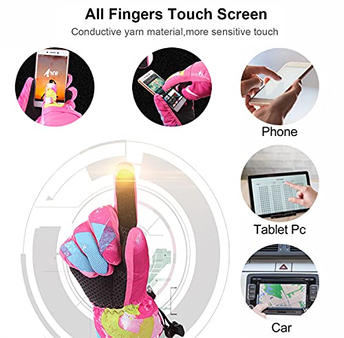 7-Mi Winter Ski Gloves,Children's Touchscreen Snow Mittens Snowboard Waterproof Lined Long Cuff Leather Kids Gloves for Boys & Girls Sports Outdoor Play