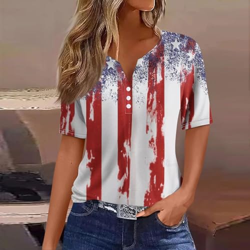 4Th of July Tops for Women, Womens Summer Tops 2024 USA Shirts for Women Sexy Casual Red White and Blue Button V Neck Short Sleeve Womens 4Th of July Outfit Summer Blouses for (Vermilion,XX-Large)