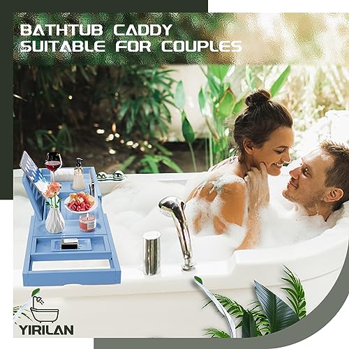 Yirilan Premium Bathtub Tray Caddy - Expandable Bath Tray - Unique House Warming Gifts, New Home, Anniversary & Wedding Gifts for Couple, Bridal Shower Gift for Women-Blue