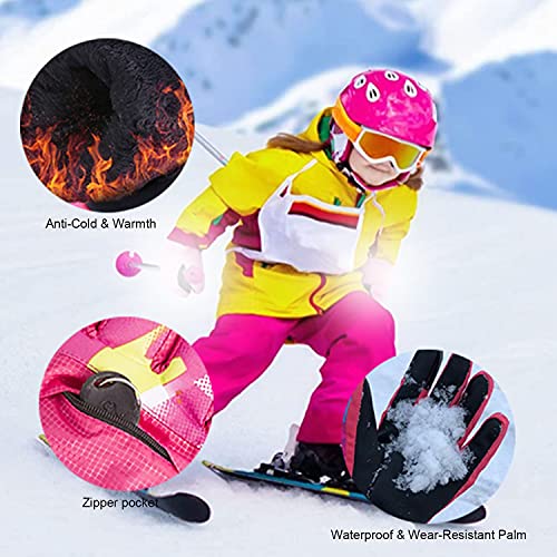 7-Mi Winter Ski Gloves,Children's Touchscreen Snow Mittens Snowboard Waterproof Lined Long Cuff Leather Kids Gloves for Boys & Girls Sports Outdoor Play