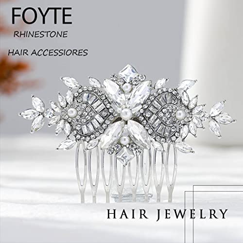 Foyte Crystal Bride Wedding Hair Comb Silver Flower Bridal Headpieces Leaf Hair Pieces Rhinestone Bridesmaid Side Combs Hair Accessories for Women (silver crystal)