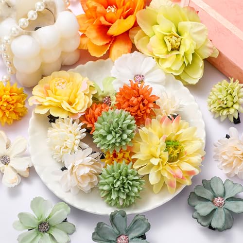 BBTO 21 Pcs Flower Hair Clip Rose Hair Clips Barrettes for Women Flower Accessories Boho Bride Claw Clip Hairpin Brooch Pin Headpiece for Wedding(Yellow, Green)
