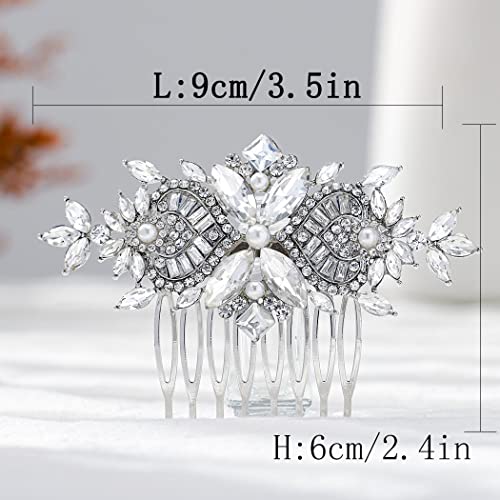 Foyte Crystal Bride Wedding Hair Comb Silver Flower Bridal Headpieces Leaf Hair Pieces Rhinestone Bridesmaid Side Combs Hair Accessories for Women (silver crystal)