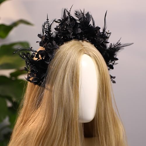 MOSTORY Flower Halo Crown Headband - Handmade Fairy Goddess Hairband Floral Queen Crown for Women Party Festival Renaissance Renfaire Cosplay Photo Shoot Gold