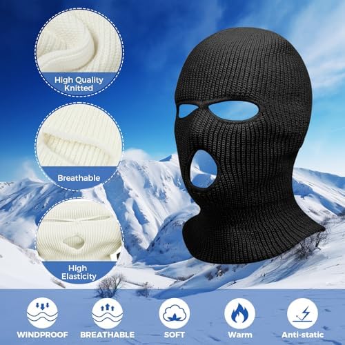 2pcs 3 Hole Winter Knitted Mask, Full Face Cover Ski Scarf Mask Warm Balaclava for Adult Skiing, Motorcycle,Wind Protection, Black+Grey