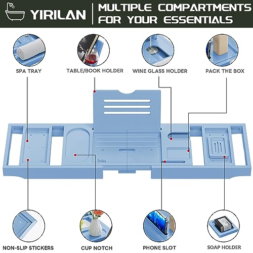 Yirilan Premium Bathtub Tray Caddy - Expandable Bath Tray - Unique House Warming Gifts, New Home, Anniversary & Wedding Gifts for Couple, Bridal Shower Gift for Women-Blue