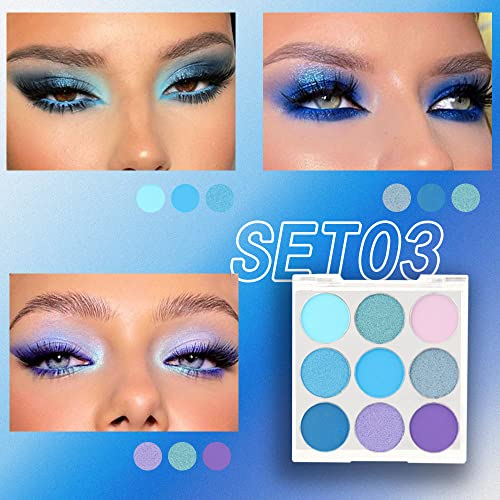9-Color Shimmer & Matte Blue Eyeshadow Palette – Highly Pigmented Light & Dark Blue Shades, Blendable Shiny & Matt Makeup Powder