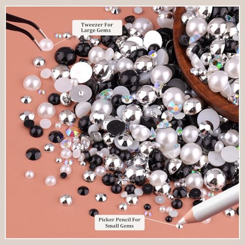 9000PCS Flatback Pearls and Rhinestones for Crafting, Red White Black Mixed Size 3-10mm Resin Rhinestones and Half Pearls for Bedazzling, Nail Art and Decoration with Tweezer and Pickup Pencil