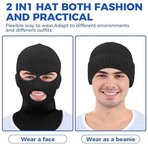 2pcs 3 Hole Winter Knitted Mask, Full Face Cover Ski Scarf Mask Warm Balaclava for Adult Skiing, Motorcycle,Wind Protection, Black+Grey