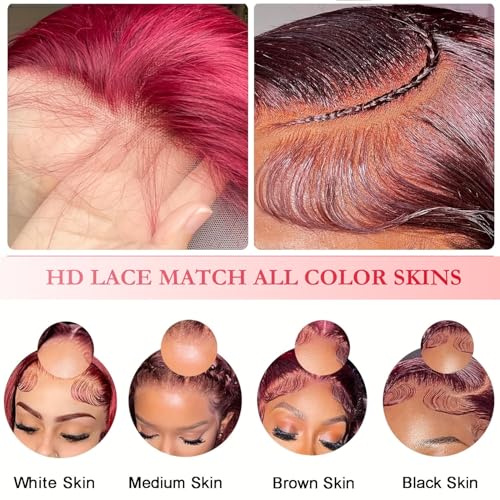 99j Burgundy Lace Front Wigs Human Hair 220 Density 13x6 Body Wave Lace Front Wigs Human Hair Pre Plucked Hd Lace Front Wig for Women Wine Red Brazilian Human Hair Wigs Red Wig 20 Inch