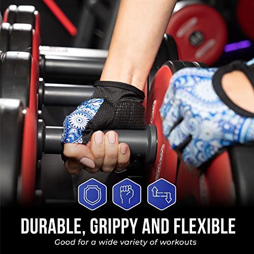 Contraband Pink Label 5387 Womens Design Series Paisley Print Lifting & Rowing Gloves (Pair) - Lightweight Vegan Medium Padded Microfiber Amara Leather w/Griplock Silicone (Blue, X-Small)