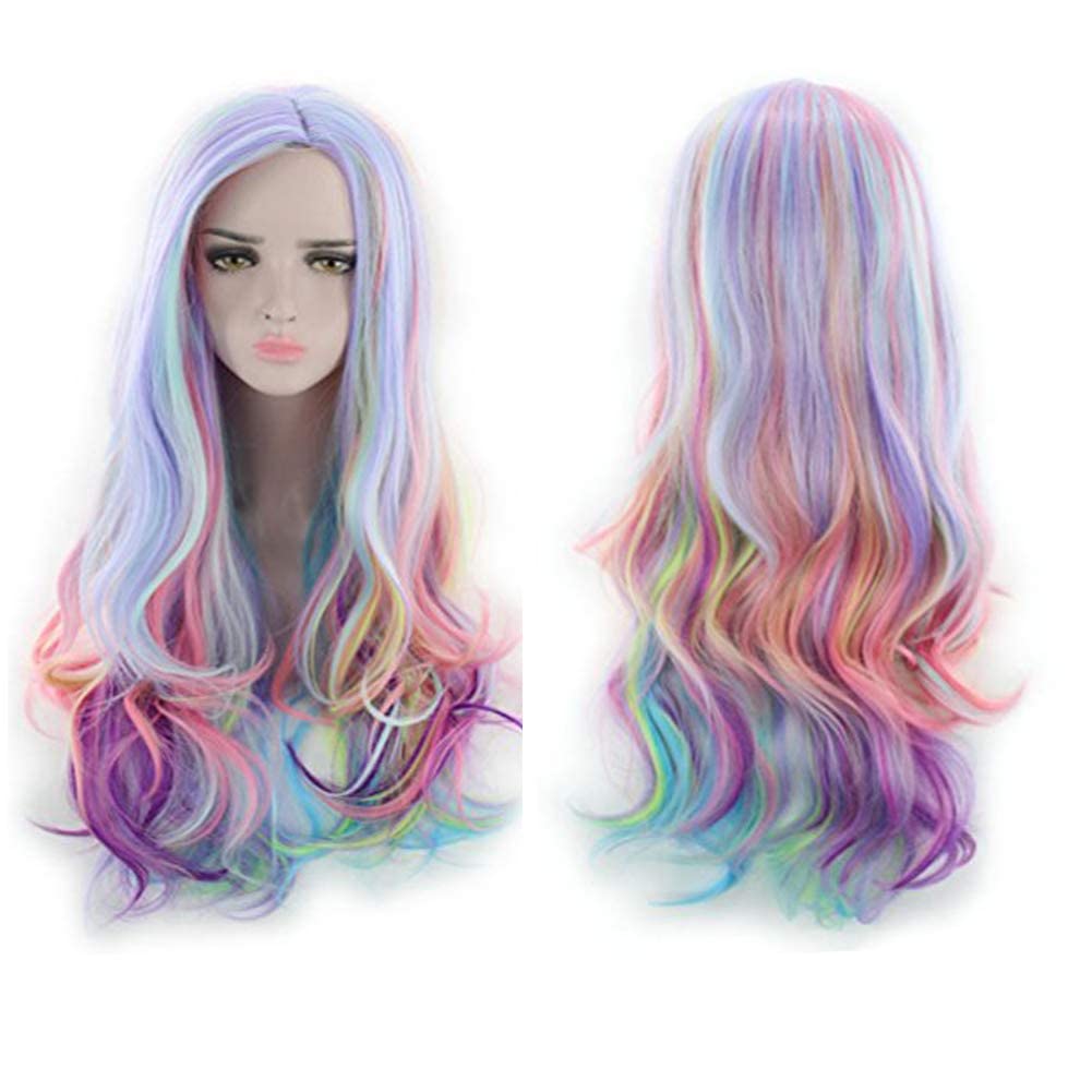 PATTNIUM Rainbow Wig - Long, Wavy, Heat Resistant Synthetic Hair for Women & Girls - Pastel Rainbow Color for Cosplay & Halloween