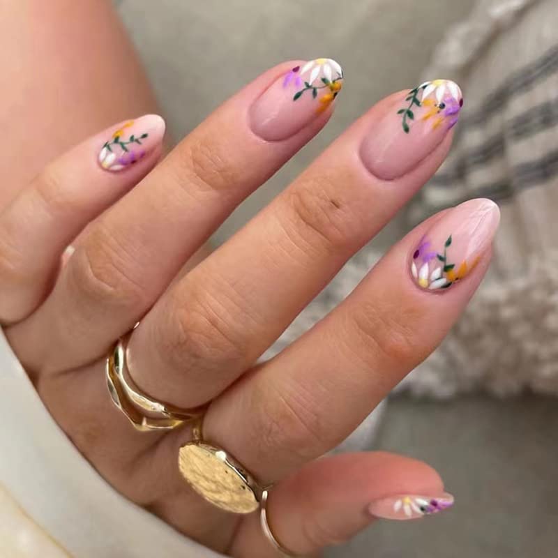 6 Packs (144 Pcs) Press on Nails Medium, Jsiallye Press on Nails Ballet with Daisy, Flower Press on Nails Almond, Glue on Nail in 12 Sizes - 24 Fake Nails Kit, Stick on Nails for Women