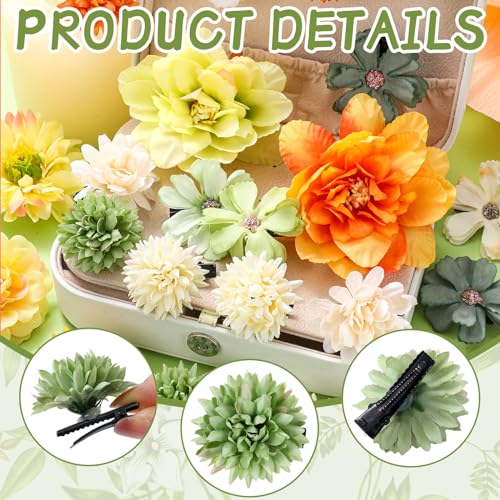 BBTO 21 Pcs Flower Hair Clip Rose Hair Clips Barrettes for Women Flower Accessories Boho Bride Claw Clip Hairpin Brooch Pin Headpiece for Wedding(Yellow, Green)