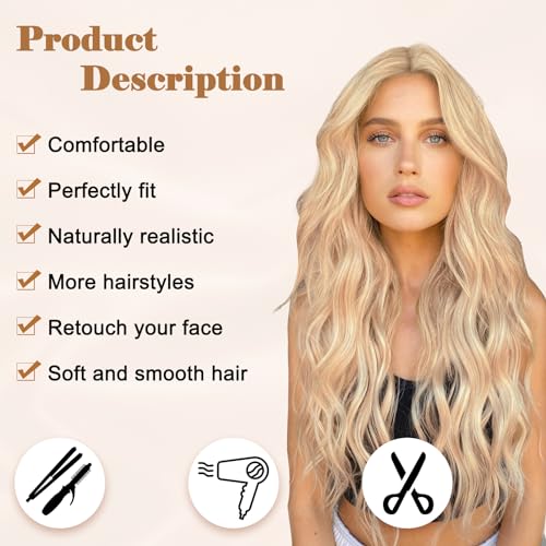 NAYOO Long Mixed Blonde Wavy Wig for Women 26 Inch Middle Part Curly Wavy Wig Natural Looking Synthetic Heat Resistant Fiber Wig for Daily Party Use (Mixed Blonde)