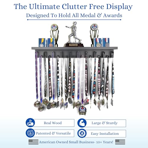 2ft- Medal Awards Rack- Premier Medal Hanger Display and Trophy Shelf - Multi-Purpose Trophy and Medal Holder for Medal Display, Plaques, Pictures, Trophies and More Solid Wood